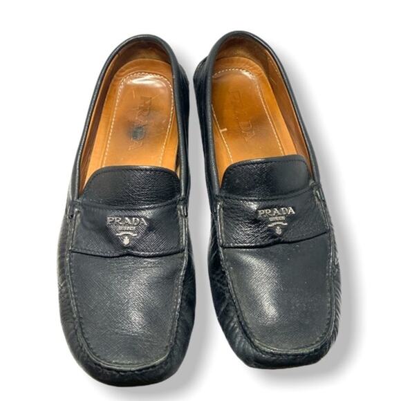 PRADA Vintage Men’s Black Leather Logo Loafers Sz 8.5 main image 7